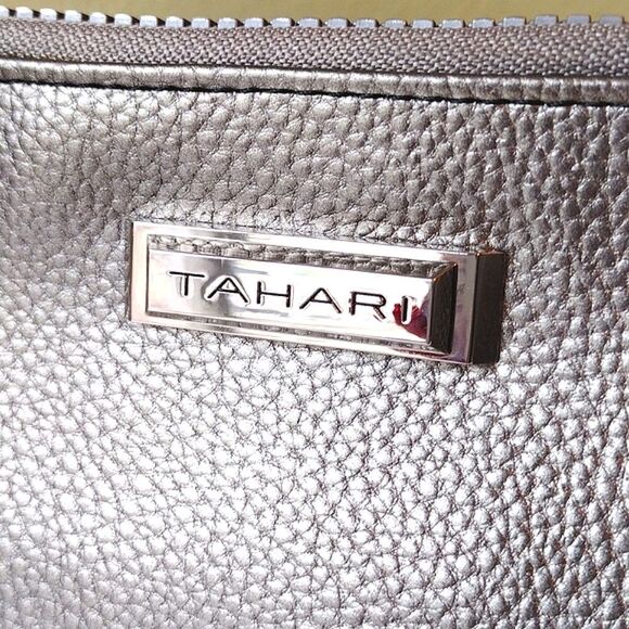 Tahari Metallic Silver Vegan Protective Lining 8" Trifold Wallet Clutch - Picture 2 of 15
